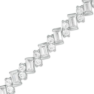 Slanted Baguette-Cut and Round Lab-Created White Sapphire Tennis Bracelet in Sterling Silver - 7.25"|Peoples Jewellers