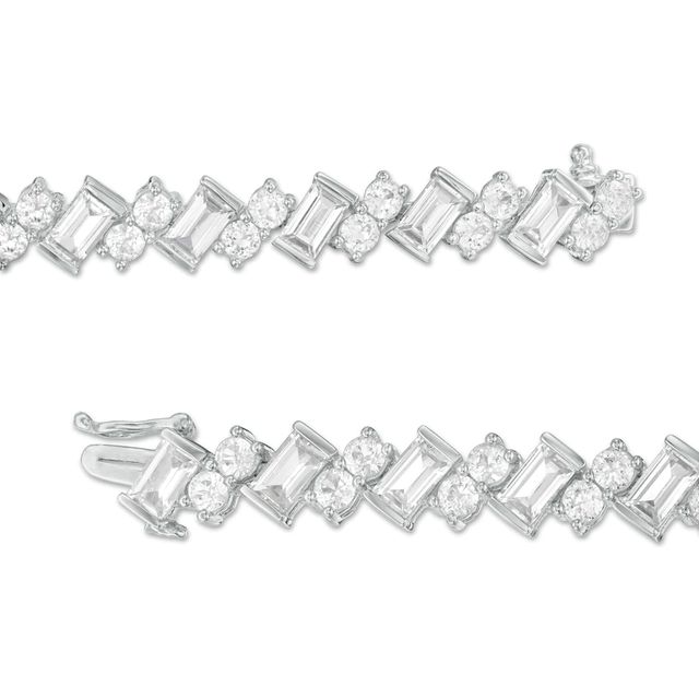 Slanted Baguette-Cut and Round Lab-Created White Sapphire Tennis Bracelet in Sterling Silver - 7.25"|Peoples Jewellers