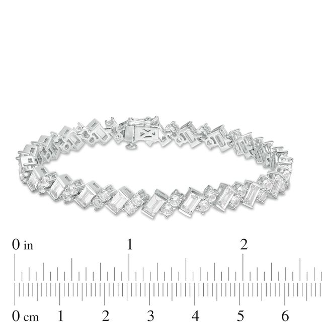 Slanted Baguette-Cut and Round Lab-Created White Sapphire Tennis Bracelet in Sterling Silver - 7.25"