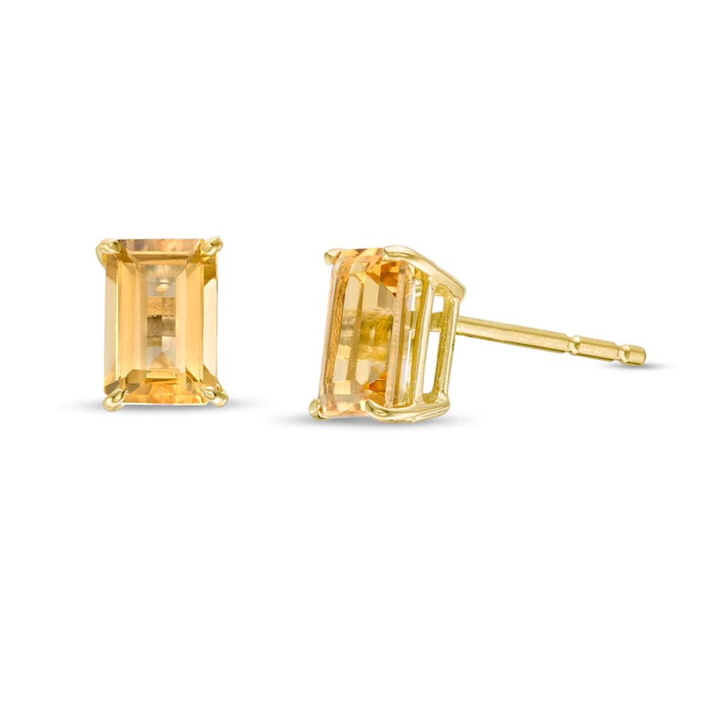 Emerald-Cut Citrine Solitaire Stud Earrings in 14K Gold|Peoples Jewellers