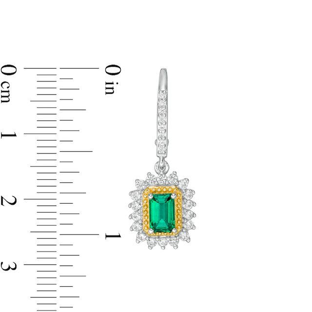 Emerald-Cut Lab-Created Emerald and White Sapphire Sunburst Frame Drop Earrings in Sterling Silver with 14K Gold Plate