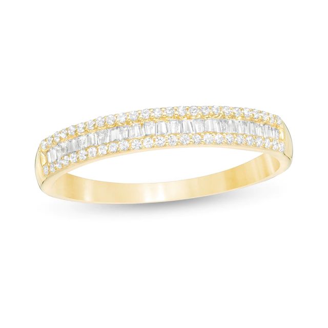 0.25 CT. T.W. Baguette and Round Diamond Triple Row Anniversary Band in 10K Gold