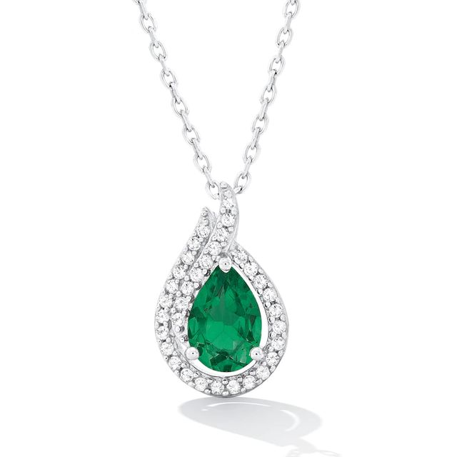 Pear-Shaped Lab-Created Emerald and White Sapphire Open Flame Pendant in Sterling Silver