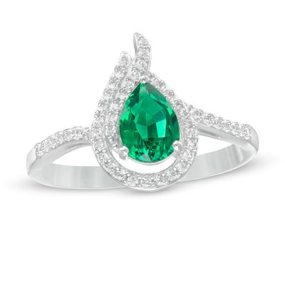 Pear-Shaped Lab-Created Emerald and White Sapphire Open Flame Ring in Sterling Silver|Peoples Jewellers