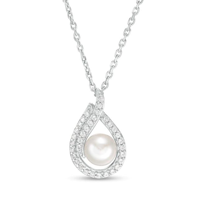 5.0mm Button Freshwater Cultured Pearl and Lab-Created White Sapphire Flame Pendant in Sterling Silver|Peoples Jewellers