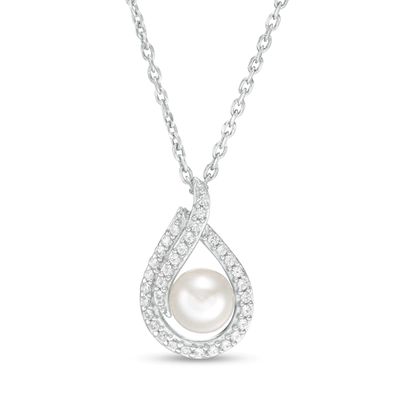 5.0mm Button Freshwater Cultured Pearl and Lab-Created White Sapphire Flame Pendant in Sterling Silver|Peoples Jewellers