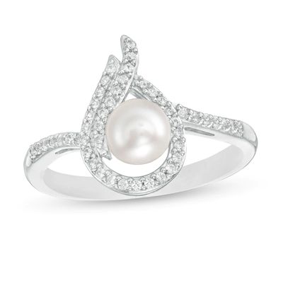 5.0mm Button Freshwater Cultured Pearl and Lab-Created White Sapphire Flame Ring in Sterling Silver|Peoples Jewellers