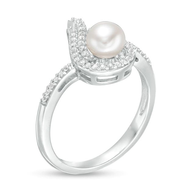 5.0mm Button Freshwater Cultured Pearl and Lab-Created White Sapphire Flame Ring in Sterling Silver|Peoples Jewellers