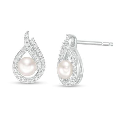 4.0mm Button Freshwater Cultured Pearl and Lab-Created White Sapphire Flame Stud Earrings in Sterling Silver|Peoples Jewellers