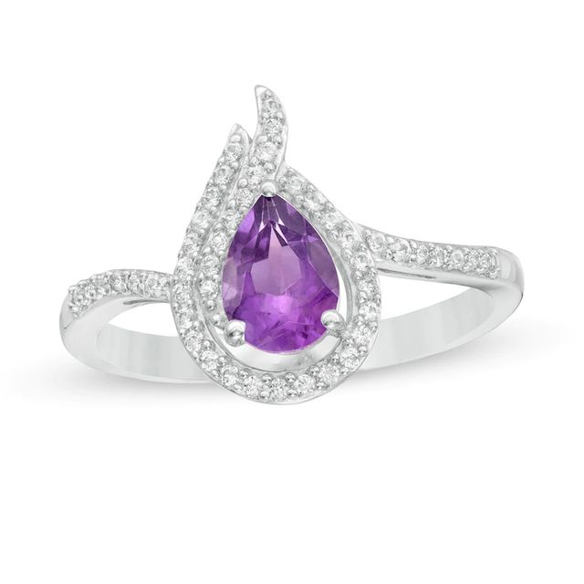 Pear-Shaped Amethyst and Lab-Created White Sapphire Flame Ring in Sterling Silver|Peoples Jewellers