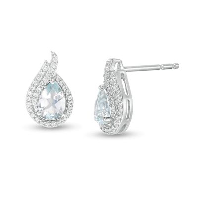 Pear-Shaped Aquamarine and Lab-Created White Sapphire Flame Stud Earrings in Sterling Silver|Peoples Jewellers