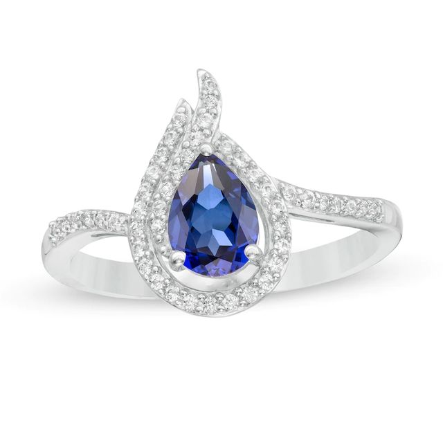 Pear-Shaped Lab-Created Blue and White Sapphire Flame Ring in Sterling Silver|Peoples Jewellers