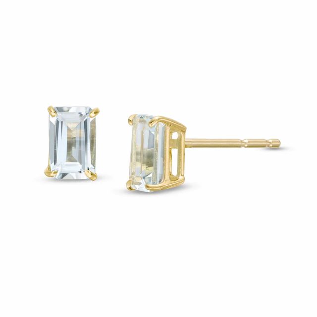 Emerald-Cut Aquamarine Solitaire Stud Earrings in 14K Gold|Peoples Jewellers