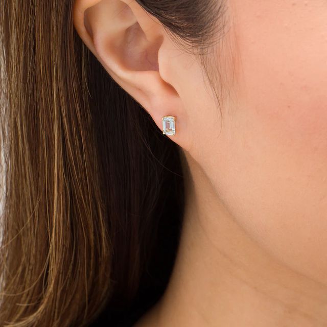 Emerald-Cut Aquamarine Solitaire Stud Earrings in 14K Gold|Peoples Jewellers