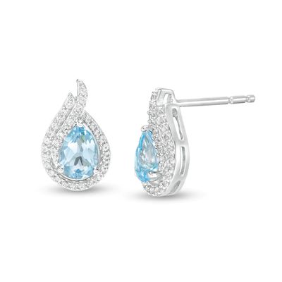 Pear-Shaped Swiss Blue Topaz and Lab-Created White Sapphire Flame Stud Earrings in Sterling Silver|Peoples Jewellers