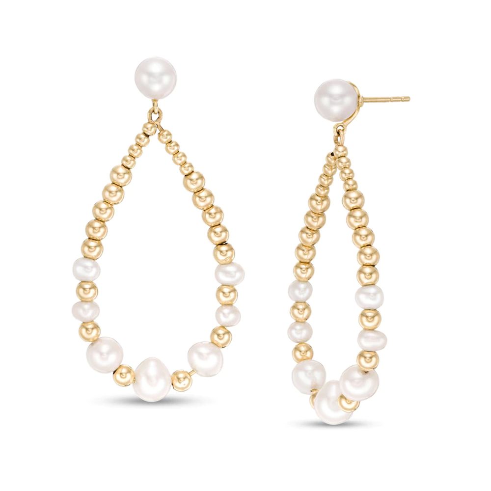 3.5-6.0mm Freshwater Cultured Pearl and Gold Bead Graduated Open Teardrop Earrings in 10K Gold|Peoples Jewellers