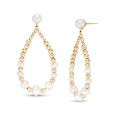 3.5-6.0mm Freshwater Cultured Pearl and Gold Bead Graduated Open Teardrop Earrings in 10K Gold|Peoples Jewellers