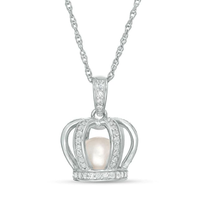 6.5-7.0mm Freshwater Cultured Pearl and Lab-Created White Sapphire Crown Cage Pendant in Sterling Silver|Peoples Jewellers