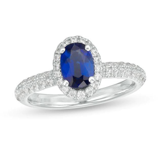 Vera Wang Love Collection Certified Oval Blue Sapphire and 0.37 CT. T.W. Diamond Frame Engagement Ring in 14K White Gold