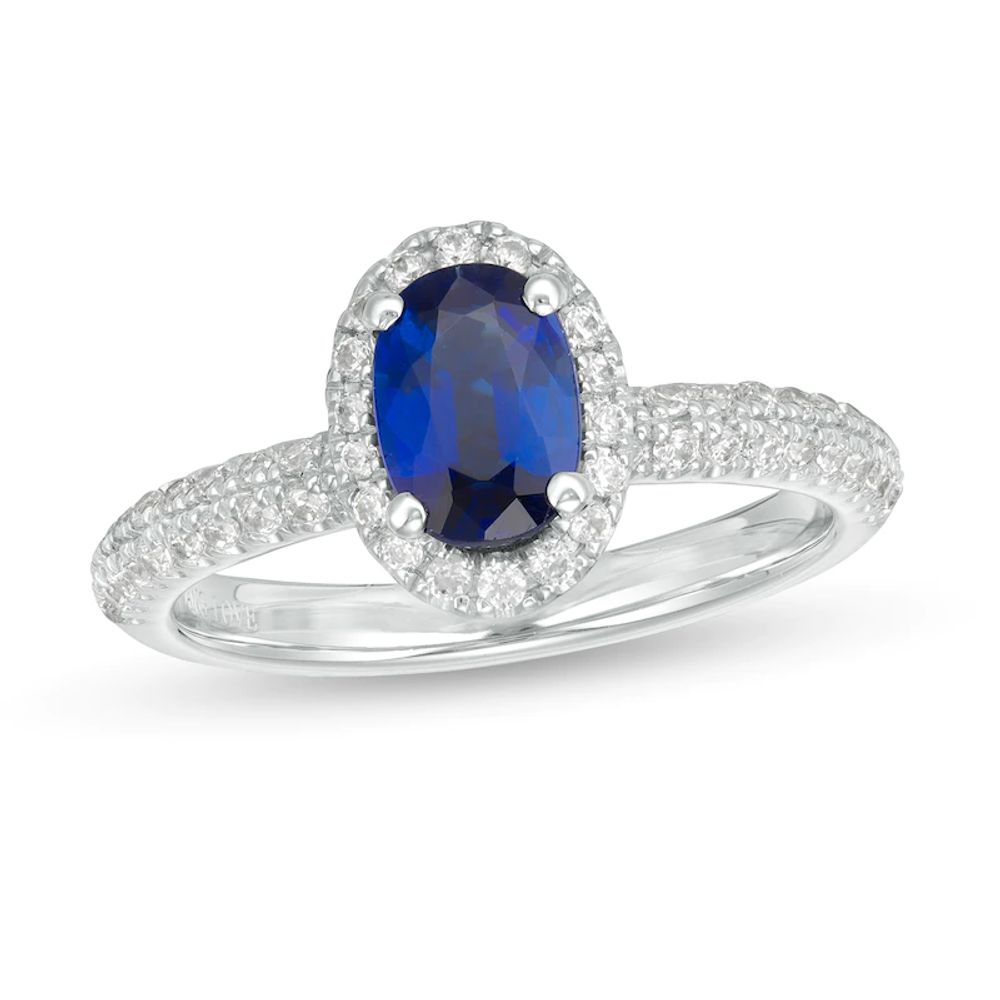 Vera Wang Love Collection Certified Oval Blue Sapphire and 0.37 CT. T.W. Diamond Frame Engagement Ring in 14K White Gold|Peoples Jewellers