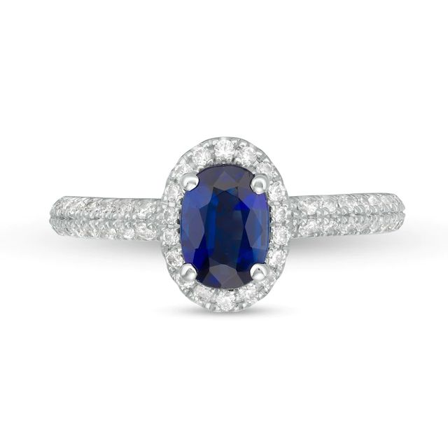 Vera Wang Love Collection Certified Oval Blue Sapphire and 0.37 CT. T.W. Diamond Frame Engagement Ring in 14K White Gold|Peoples Jewellers