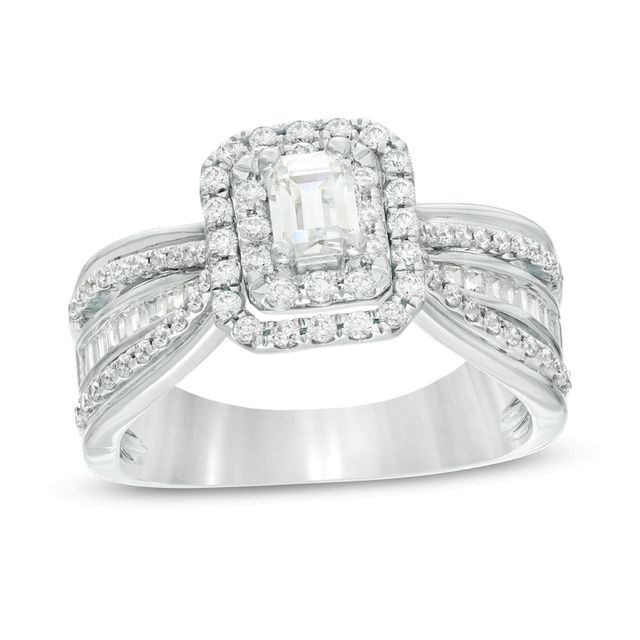 0.95 CT. T.W. Certified Canadian Emerald-Cut Diamond Double Frame Multi-Row Engagement Ring in 14K White Gold (I/SI2)|Peoples Jewellers