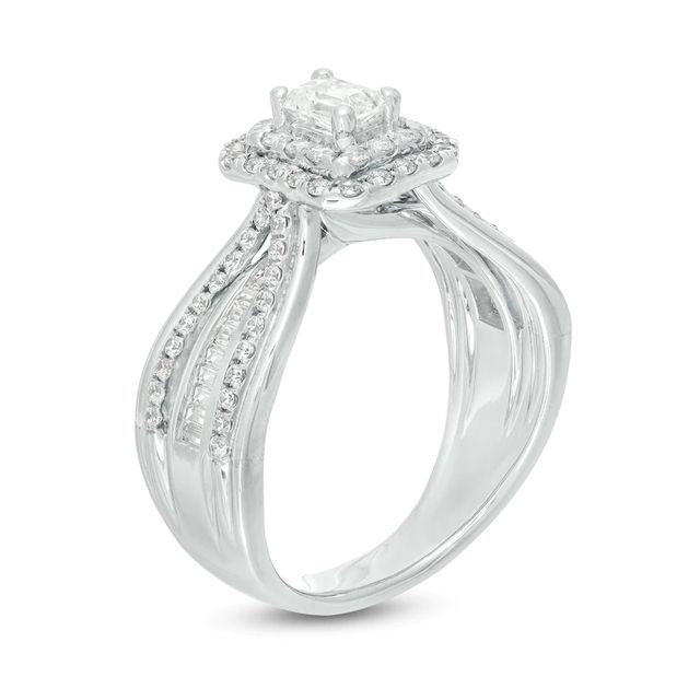 0.95 CT. T.W. Certified Canadian Emerald-Cut Diamond Double Frame Multi-Row Engagement Ring in 14K White Gold (I/SI2)|Peoples Jewellers