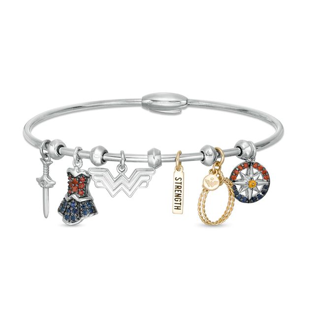 Wonder Woman™ Collection Multi-Gemstone Charm Bangle Bracelet in Sterling Silver and 10K Gold|Peoples Jewellers
