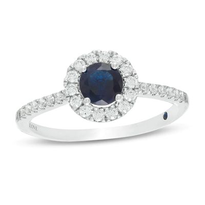 Vera Wang Love Collection 5.0mm Blue Sapphire and 0.23 CT. T.W. Diamond Frame Ring in Sterling Silver|Peoples Jewellers