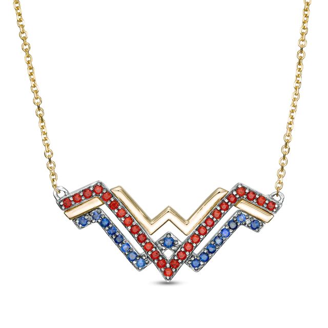 Wonder Woman™ Collection Garnet and Blue Sapphire Symbol Necklace in Sterling Silver and 10K Gold|Peoples Jewellers