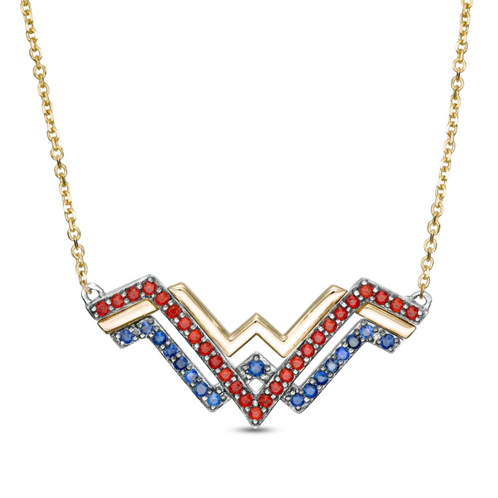 Wonder Woman™ Collection Garnet and Blue Sapphire Symbol Necklace in Sterling Silver and 10K Gold|Peoples Jewellers