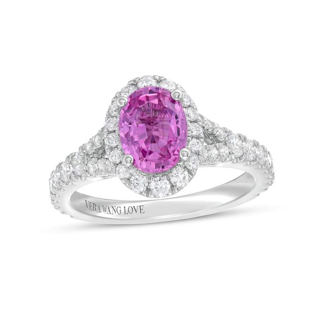 Vera Wang Love Collection Certified Oval Pink Sapphire and 0.69 CT. T.W. Diamond Frame Engagement Ring in 14K White Gold