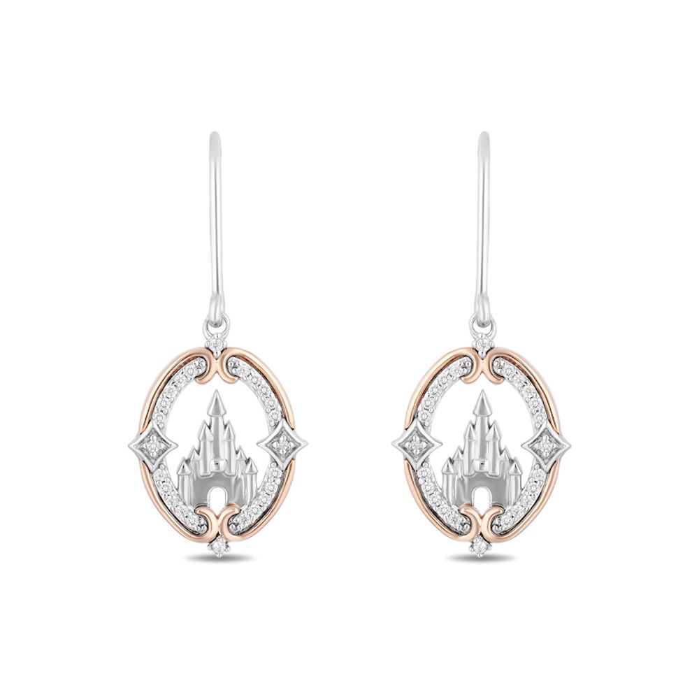 Enchanted Disney Princess 0.145 CT. T.W. Diamond Castle Drop Earrings in Sterling Silver and 10K Rose Gold|Peoples Jewellers