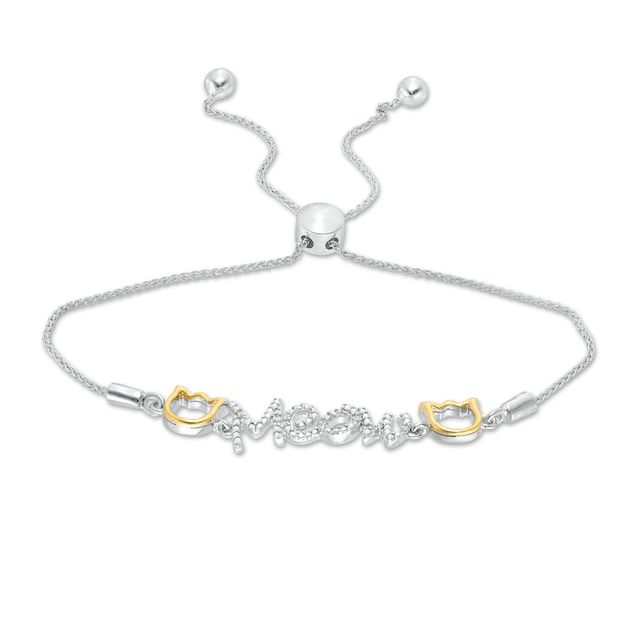 0.04 CT. T.W. Diamond Cat Silhouette "Meow" Bolo Bracelet in Sterling Silver and 10K Gold - 9.5"