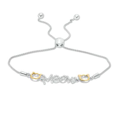 0.04 CT. T.W. Diamond Cat Silhouette "Meow" Bolo Bracelet in Sterling Silver and 10K Gold - 9.5"|Peoples Jewellers