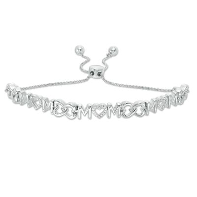 0.09 CT. T.W. Diamond Continuous "MOM" with Hearts Bolo Bracelet in Sterling Silver - 9.5"|Peoples Jewellers