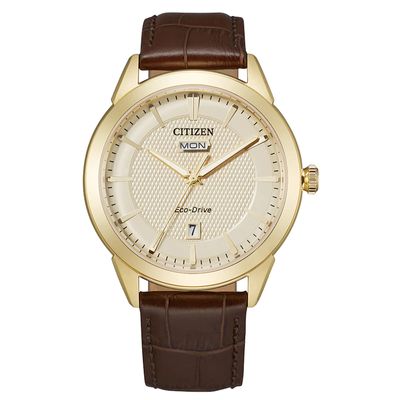 Men's Citizen Eco-Drive® Corso 18K Gold Plate Strap Watch with Champagne Dial (Model: AW0092-07Q)|Peoples Jewellers