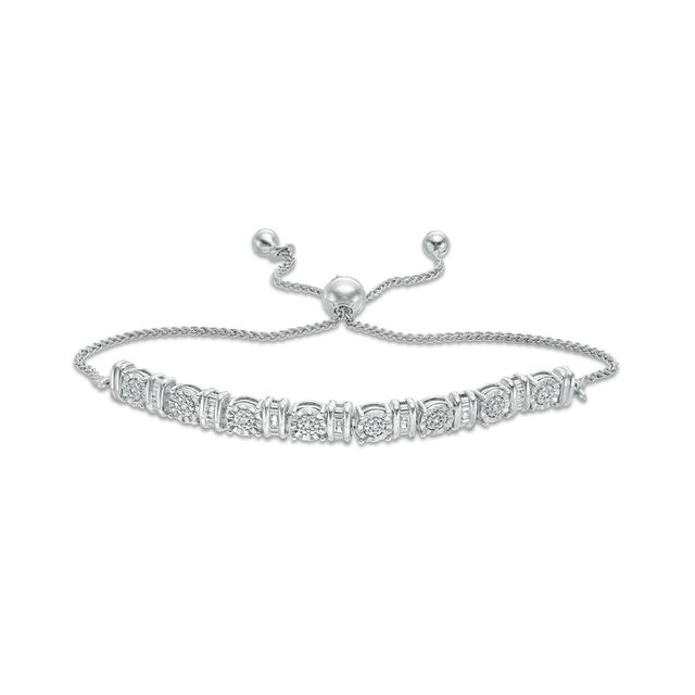 0.10 CT. T.W. Baguette and Round Diamond Alternating Bolo Bracelet in Sterling Silver - 9.5"|Peoples Jewellers