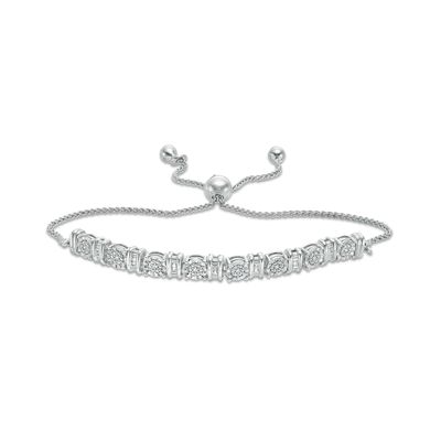 0.10 CT. T.W. Baguette and Round Diamond Alternating Bolo Bracelet in Sterling Silver - 9.5"|Peoples Jewellers