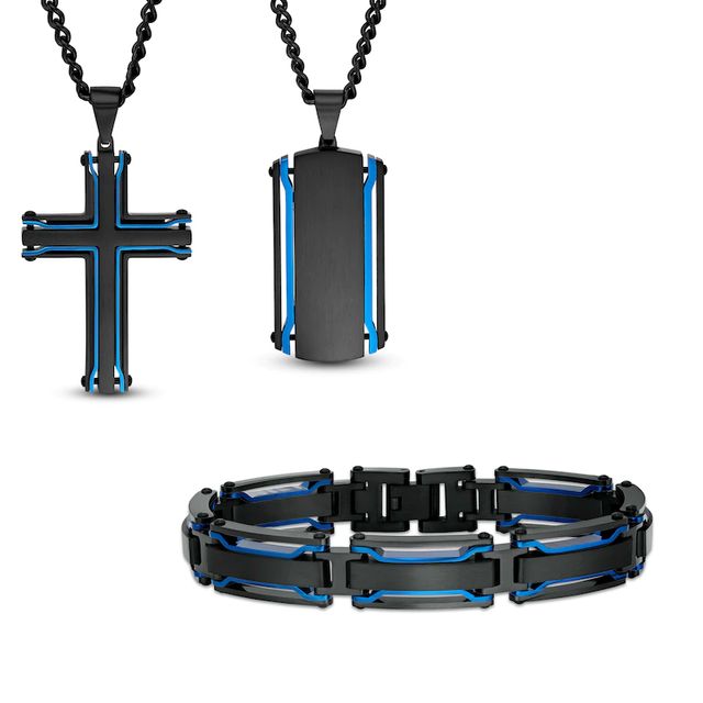 Men's Multi-Finish Dog Tag, Cross Pendant and Link Chain Bracelet Set in Stainless Steel with Black and Blue IP - 24"|Peoples Jewellers