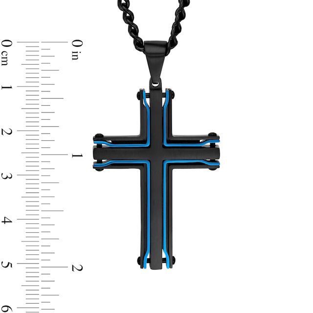 Men's Multi-Finish Dog Tag, Cross Pendant and Link Chain Bracelet Set in Stainless Steel with Black and Blue IP - 24"|Peoples Jewellers