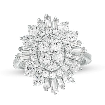 2.00 CT. T.W. Baguette and Round Diamond Oval Sunburst Frame Ring in 10K White Gold|Peoples Jewellers