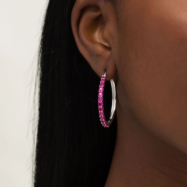 3.0mm Lab-Created Ruby Hoop Earrings in Sterling Silver|Peoples Jewellers