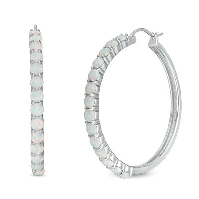 3.0mm Lab-Created Opal Hoop Earrings in Sterling Silver|Peoples Jewellers