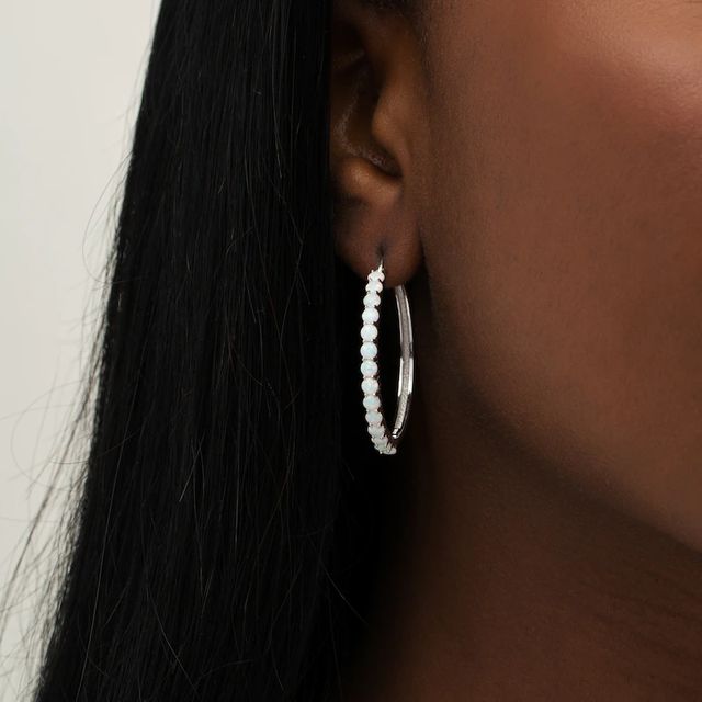 3.0mm Lab-Created Opal Hoop Earrings in Sterling Silver|Peoples Jewellers