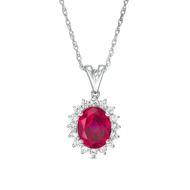 Oval Lab-Created Ruby and White Sapphire Starburst Frame Pendant in Sterling Silver|Peoples Jewellers