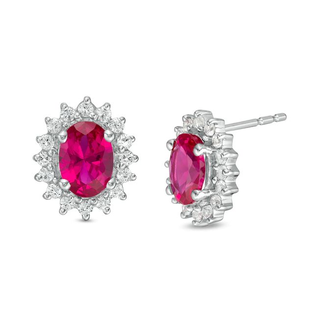 Oval Lab-Created Ruby and White Sapphire Starburst Frame Stud Earrings in Sterling Silver