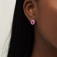 Oval Lab-Created Ruby and White Sapphire Starburst Frame Stud Earrings in Sterling Silver|Peoples Jewellers