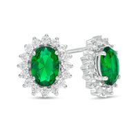 Oval Lab-Created Emerald and White Sapphire Starburst Frame Stud Earrings in Sterling Silver|Peoples Jewellers