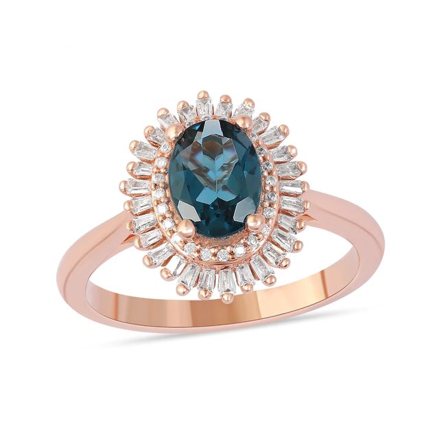 Oval London Blue Topaz and 0.25 CT. T.W. Baguette and Round Diamond Double Frame Ring in 10K Rose Gold